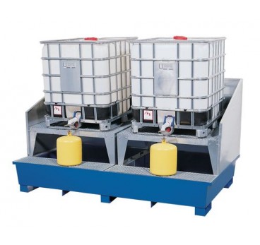 IBC sump pallet TC-2A, painted steel, with 2 dispensing platforms & forklift pockets, for 2 IBCs
