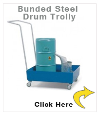 Bunded steel drum trolley, painted, anti-static wheels, for 1x60 litre drum, 60 litre capacity
