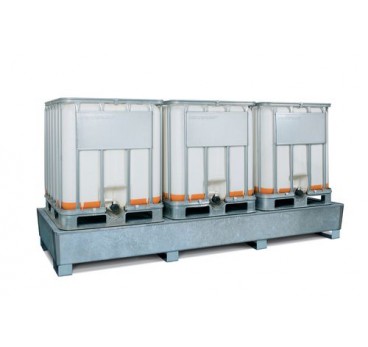 IBC sump pallet TC-3F, galvanized steel, with galvanized grid & forklift pockets, for 3 IBCs