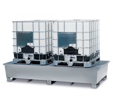 IBC sump pallet TC-2F, galvanized steel, with galvanized grid & forklift pockets, for 2 IBCs