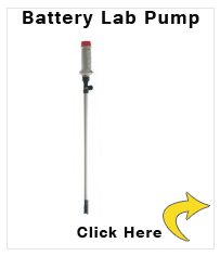 Battery lab pump for acids and chemicals, 700 mm diving hose length, 1.5 m PVC discharge elbow, tap