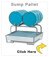 Sump pallet Basic C, galvanized steel, with grid & forklift pockets, with drum stand 265 ltr